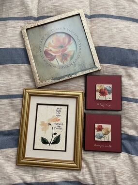 Floral Wall Art Set - Red, Cream, Blue Accents